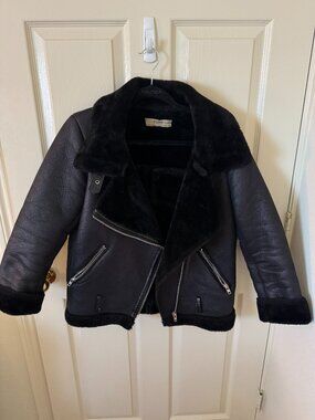 AFTF BASIC - Black Faux Leather Jacket with Shearling